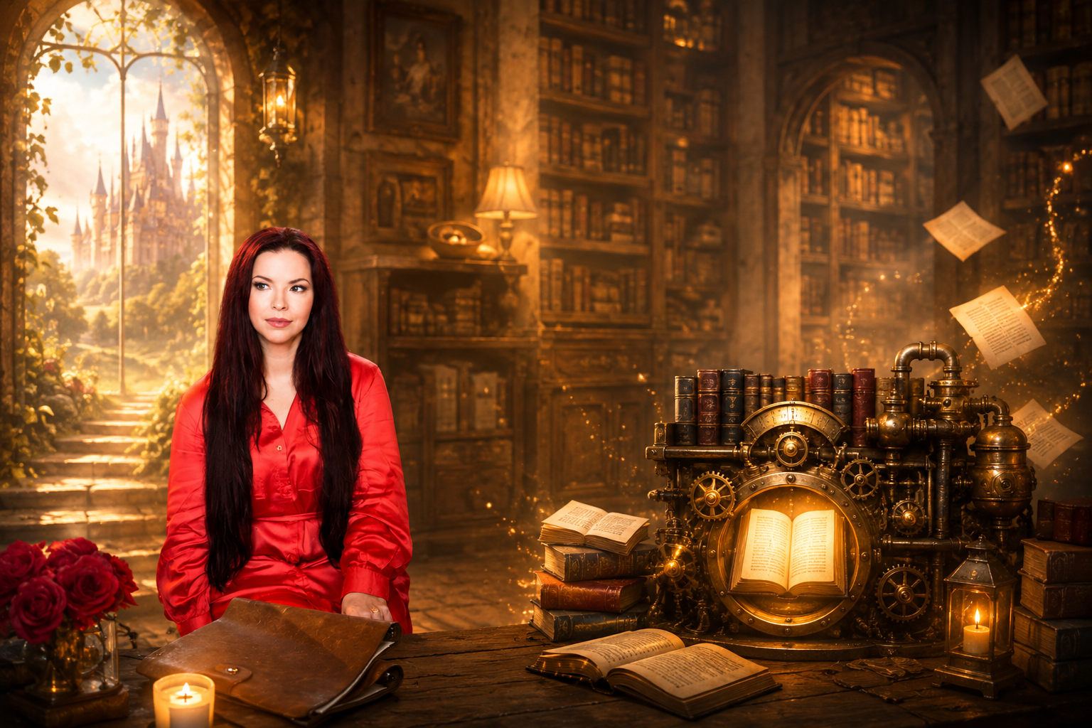 Reader Revenue Engine — enchanted library with a golden book-powered machine